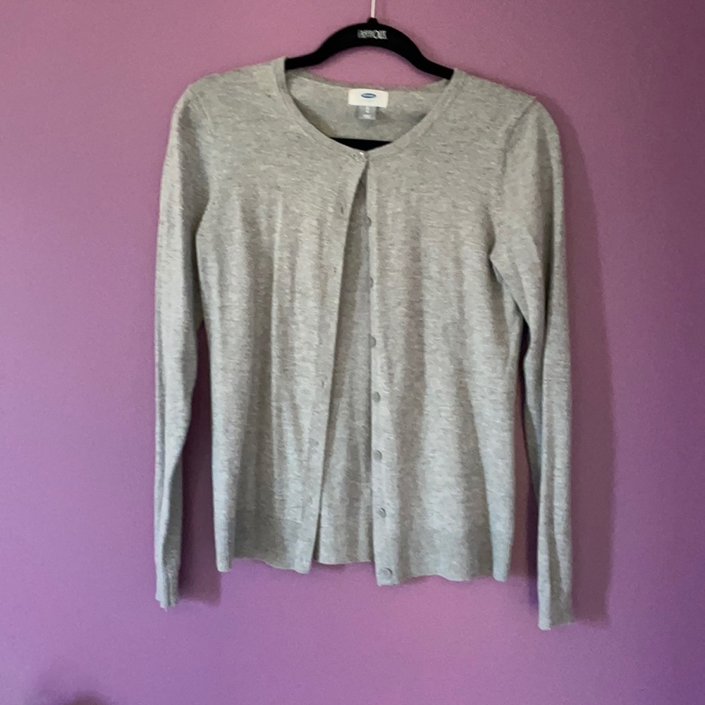 Gray cardigan.